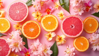 Juicy pink and orange citruses circle slices on pale pink background with frangipani and orange blossom flowers. Summer optimism background. Flat lay of sliced citrus fruits.