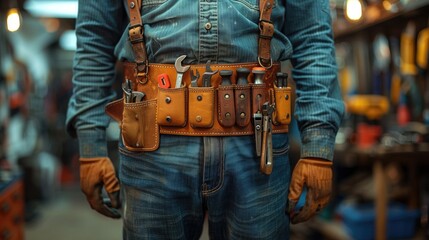 At an auto repair shop, a mechanic wears a tool belt loaded with wrenches, sockets, and other automotive tools, showcasing their expertise in diagnosing and fixing vehicle issues