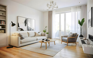White sofa on wooden parquet. Minimalist, scandinavian home interior design of modern living room.