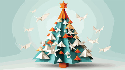 Vector concept christmas tree and origami airplane.
