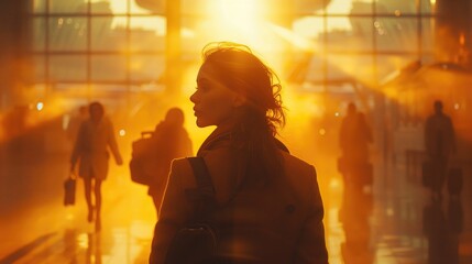 Inside a bustling airport terminal, the businesswoman and businessman or worker is photographed amidst the morning rush, light streaming through large windows