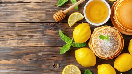 a table topped with lemons next to a jar of honey and a jar of lemons on top of a wooden table.