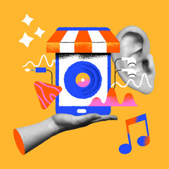 Music store phone app cartoon, hand and ear in retro collage vector illustration