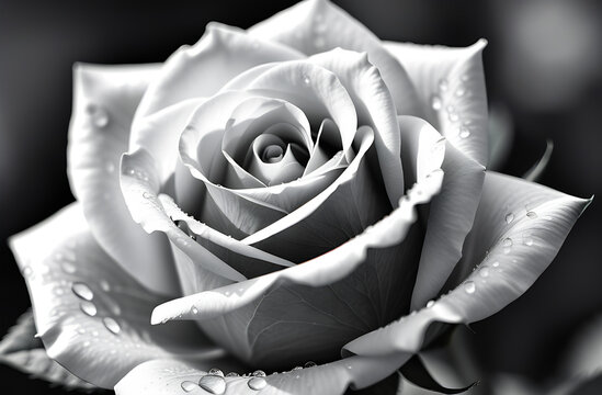 Rose flower in black and white close-up photo.