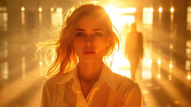 Inside a bustling airport terminal, the businesswoman and businessman or worker is photographed amidst the morning rush, light streaming through large windows