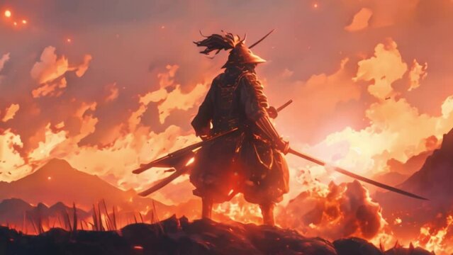 Samurai warrior with two fire swords