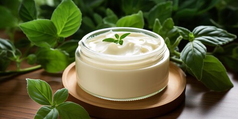 a jar of cream on a wooden plate with a leafy plant - obrazy, fototapety, plakaty