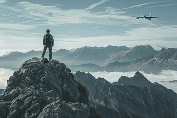 A male traveler stands on the top of a mountain and looks at a flying plane. A young man stands in the mountains.