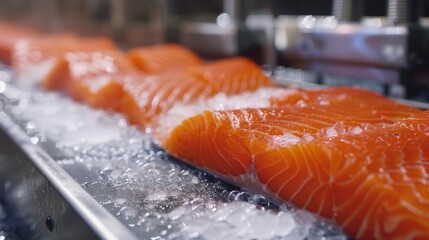 Fresh Salmon Fillets Chilling on Ice at Processing Facility. Generative ai - obrazy, fototapety, plakaty