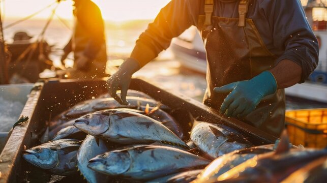 Fishermen Harvesting Tuna on the Ocean. Generative ai