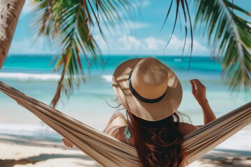 Woman lying in hammock on beach with hat and sunbathing, enjoying summer vacation at sea Generative AI