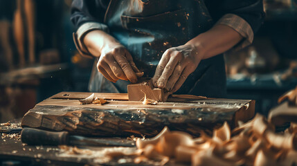 A person sculpting a piece of wood, symbolizing shaping and molding of business ideas - Powered by Adobe