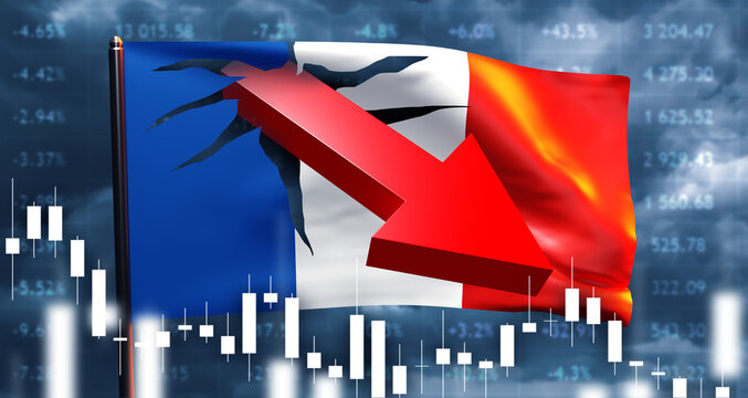 France economic crisis. French flag with graphic down. Financial crisis in France. Inflationary collapse. Arrow breaking flag metaphor for crisis. Financial collapse. Problem France economy. 3d image