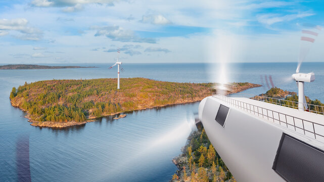 Offshore wind turbines. Windmills on islands. Eco-friendly electric generators. Wind turbines under summer sky. Offshore power plants. Wind turbines with rotating blades. Alternative energy. 3d image