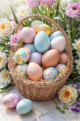 Fototapeta na wymiar A basket full of Easter eggs with flowers in the background