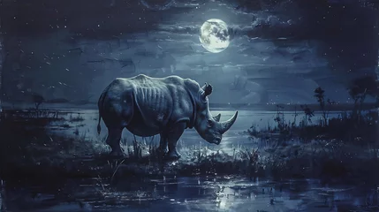 Foto op Plexiglas rhino in the water at night © Manja