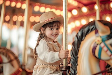 A young girl is riding a carousel with a cowboy hat on