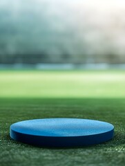 Blue round Platform for Product Presentation on a green Pitch. Blurred Sports Background