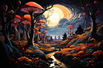 A road winding through a valley of giant mushrooms, with their unique shapes and colors creating a whimsical and fantastical scene.