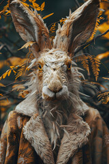 A closeup of a Blacktailed Jackrabbit, a terrestrial organism, wearing a fur coat made from natural materials. The art event showcases wildlife and the beauty of animal fur