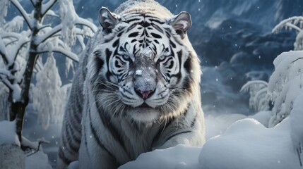 Fototapeta na wymiar Snowy Stalker Majestic White Tiger Prowling in a Snowy Landscape
