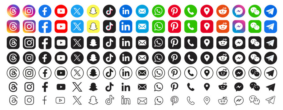 Threads, X, twitter, instagram, Facebook, youtube, snapchat, pinterest, whatsapp, linkedin, tiktok Collection social media logo	