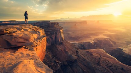 Solo Explorer Overlooking a Vast Canyon at Sunset - Generative AI