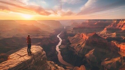 Hiker Gazing at Sunset Over Grand Canyon River - Generative AI - obrazy, fototapety, plakaty