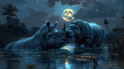 Fotobehang rhino and hippo at night © Manja