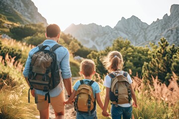 A man and two children are walking through a forest with backpacks on - obrazy, fototapety, plakaty