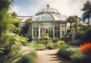 Fototapeta na wymiar Blurred image of a botanical conservatory, generative AI