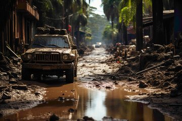 A section of road covered in mud and debris after heavy rainfall, showcasing the vulnerability of poorly maintained infrastructure to weather conditions. - Powered by Adobe
