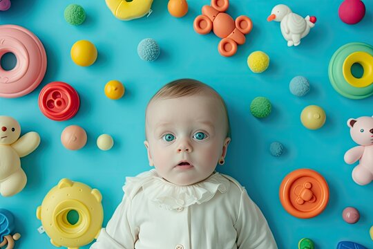 A baby is laying on a blue surface with a variety of toys surrounding it