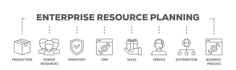 Enterprise resource planning banner web icon illustration concept with icon of production, human resources, inventory, crm, sales, service icon live stroke and easy to edit 