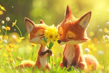 Fototapeta premium Happy Mother's Day. 3D cartoon tiny fox cub holding a bouquet, presenting it to its joyful mother fox amidst a sunlit green meadow on a warm spring day.