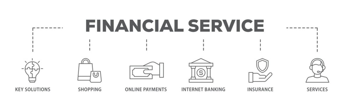 Financial service banner web icon illustration concept with icon of key solutions, shopping, online payments, internet banking, insurance and services icon live stroke and easy to edit 