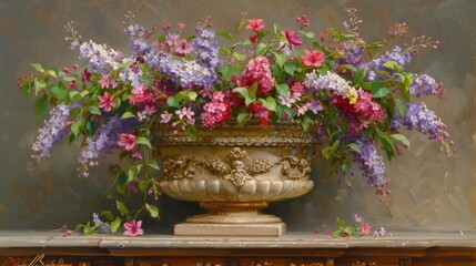 a painting of a vase filled with purple and pink flowers sitting on top of a table next to a wall.