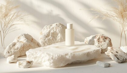Mockup background with cosmetic bottle on podium made of white marble stone on light backdrop with contrast scenic natural light with shadows. Trendy aesthetic cosmetic mockup