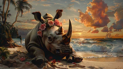Muurstickers rhino at the beach © Manja