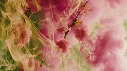 a painting of pink flowers on a branch with green and yellow smoke coming out of the bottom of the picture.