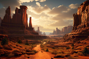 A spectacular road snaking through a canyon, with towering rock formations on either side, creating...