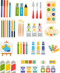 Fototapeta na wymiar Drawing supplies set. Artists tools, brush, paint tube, marker, palette, easel, paintbrush, canvas. Vector illustrations for art school, painter studio.