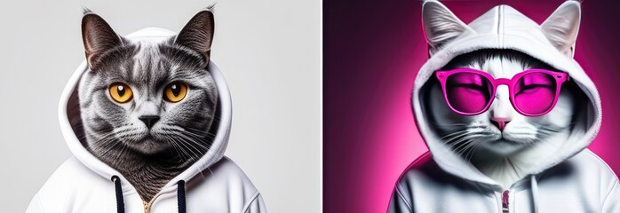 two cats wearing a white hooded jacket on a pink and grey background. concepts of style, creativity, individuality, fun. banner with a portrait of a unique cat. - obrazy, fototapety, plakaty