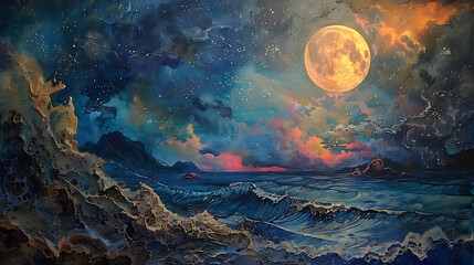 painting of the sea at moonlight