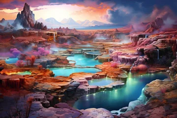 Poster A surreal, alien-like landscape of colorful hot springs and bubbling geysers © Shanii