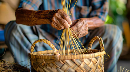 A person weaving a basket, illustrating interweaving of different elements in business workflows - obrazy, fototapety, plakaty