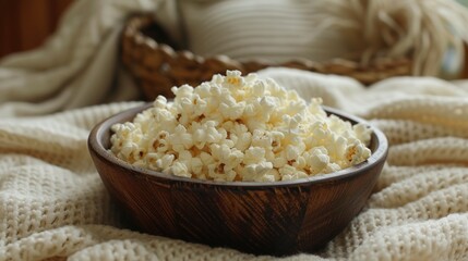 a wooden bowl filled with popcorn sitting on top of a bed next to a basket filled with a stuffed animal.