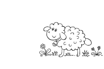 Hand drawn sheep or Easter lamb and spring flowers, black and white simple drawing