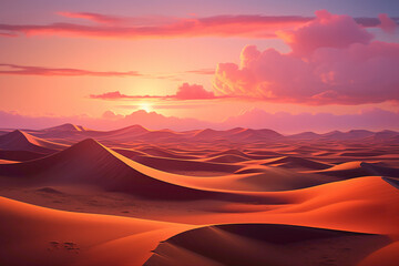 Fototapeta na wymiar A surreal desert landscape at dusk, with towering sand dunes casting long shadows and the sky ablaze with warm hues of orange and pink.