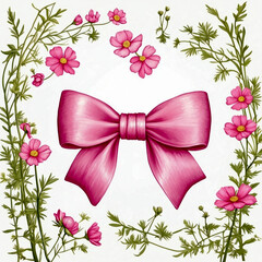 Pink bow and ribbon with flowers